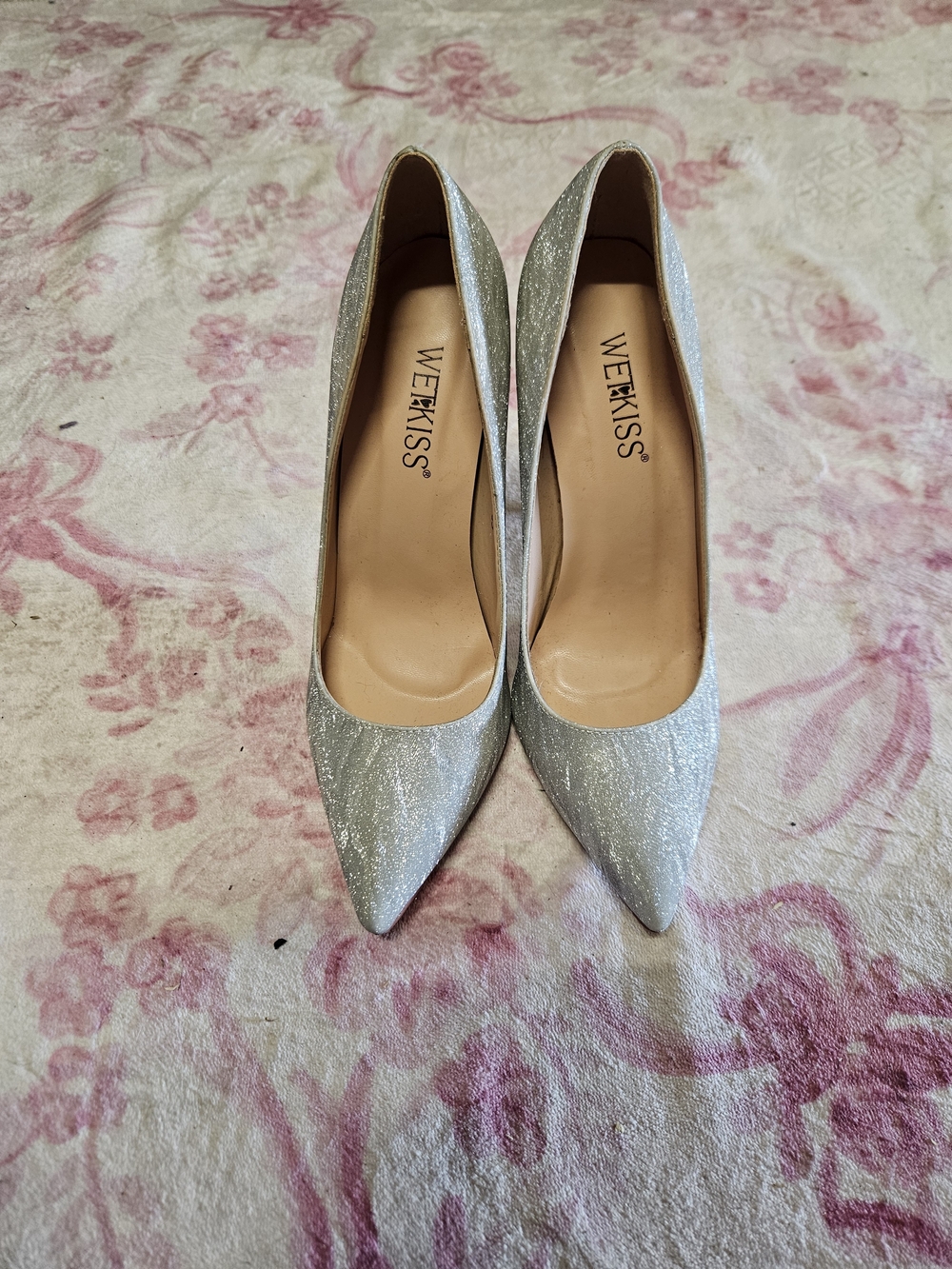 WETKISS Silver Sparkle Pointed Toe Heels Size 9 Formal Wedding Prom GUC